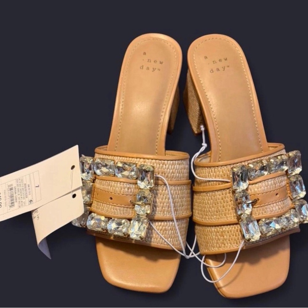 A New Day Beige Crystal Buckle Heels